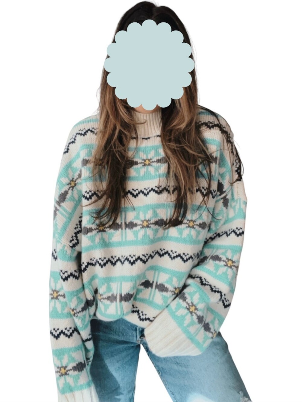 American Eagle XS Fair Isle Nordic Chunky Turtleneck Sweater Aqua Cream